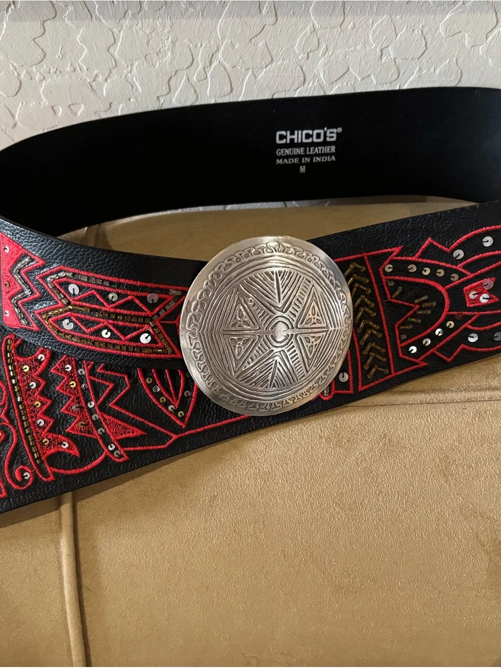 Chico's Black Leather Belt with Red Embroidered Pattern & Silver Concho